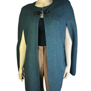 Gorgeous Joan Rivers Green Cape Jacket with Black Vegan Leather Finishes Size XS
